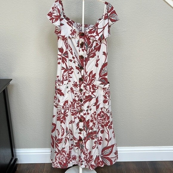 Anthropologie Size 8 Off The Shoulder Linen Oahu Midi Cream Red Floral Dress - Picture 1 of 9